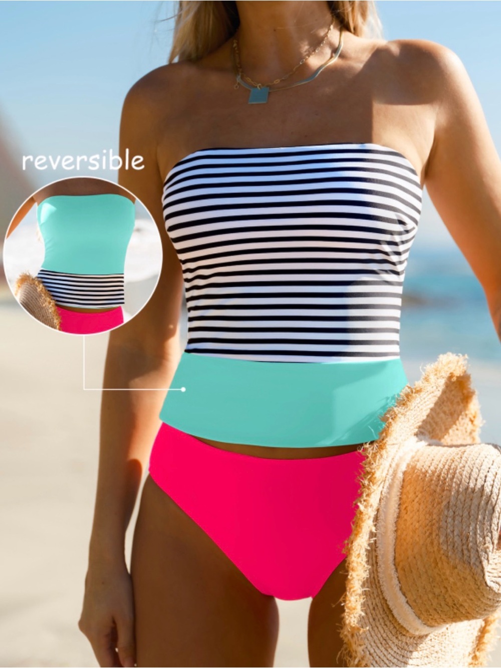Striped Black & White Tankini with Mint Trim and Fuchsia Bikini Bottom